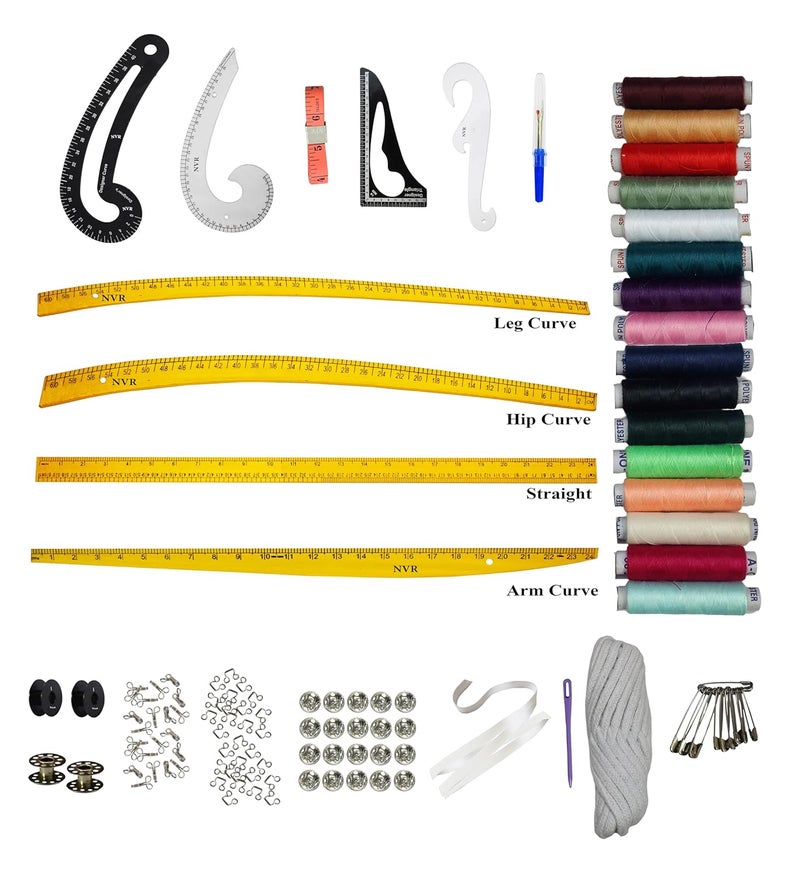 NVR Complete 30Piece Sewing and Tailoring Kit with Measuring Curves BLK Armhole Armhole French Curve Leg Curve Hip Curve Arm Curve Straight Scale Triangle Tape Threads 12 Reels Seam Ripper Bobbins Hooks Hook Eyes Tuck Buttons Elastic Nada Suva and Safety Pins