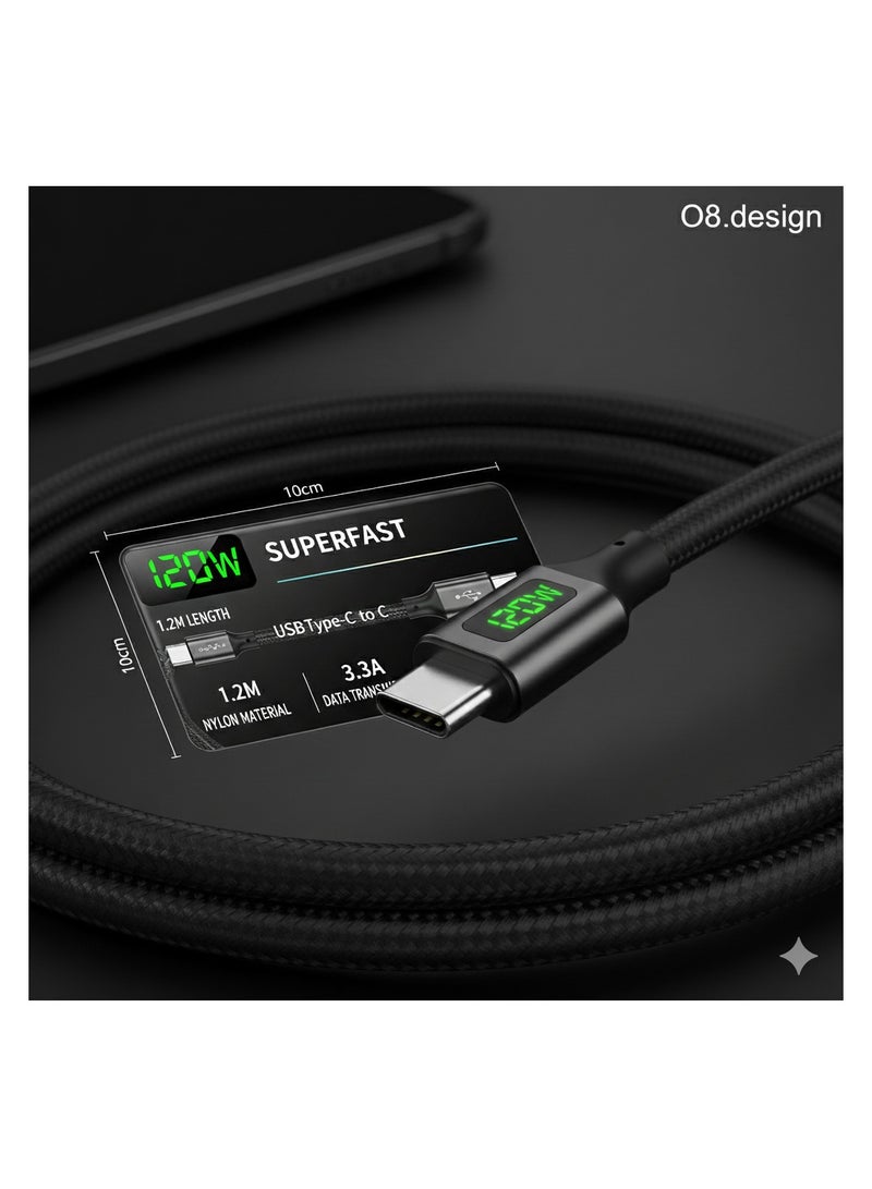 O8.design 120W USB C to USB C Cable 1.2M PD 3.0 3A Fast Charging Cord Type C Cable Compatible With iPhone 16 15 Series MacBook Pro iPad Pro Samsung Galaxy S24 S23 Ultra Z Fold OPPO Honor OnePlus Huawei, Black - Image 1
