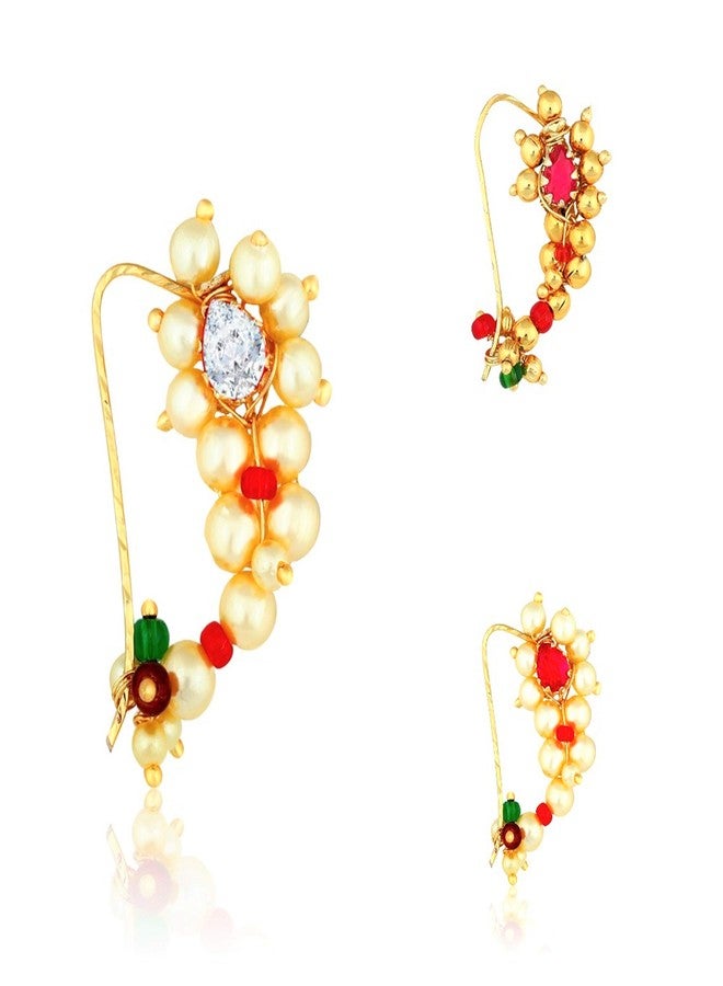MEENAZ Maharashtrian Traditional Pearl Temple Jewellery marathi Banu Nathiya Nose pin Nath Nose Ring for Wedding Women Girls design Combo Gold Press pin Non pierced (3 pcs) -NATH COMBO-142