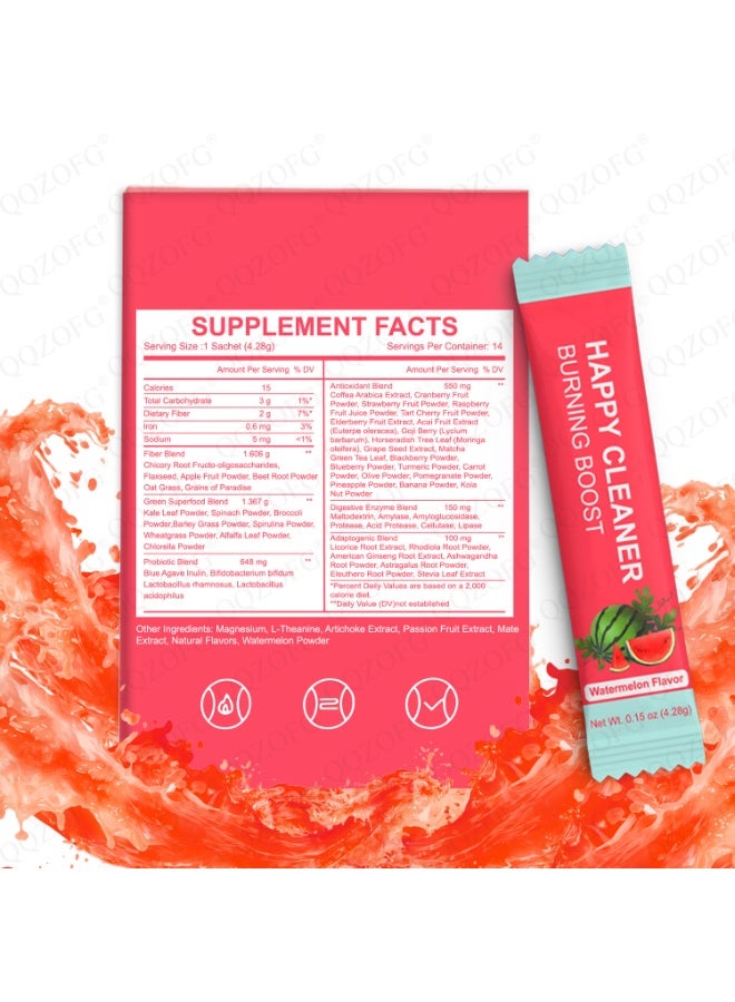 Day Wins Happy Cleaner Gut Health Superfoods Powder, Watermelon  Flavor, with Probiotic, Prebiotic u0026 Plant-Based Fiber for Gut Balance, Bloating Relief, Vegan Sugar Free Drink Mix (14 Packets) - Image 5