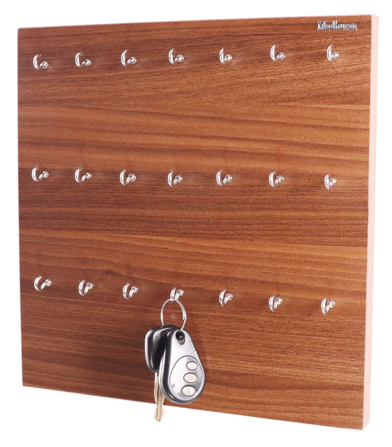Madhuran Engineered Wood Wall Mounted Key Holder (21 Hooks, Teak) Keychain Ring Chain Hanging - Image 1