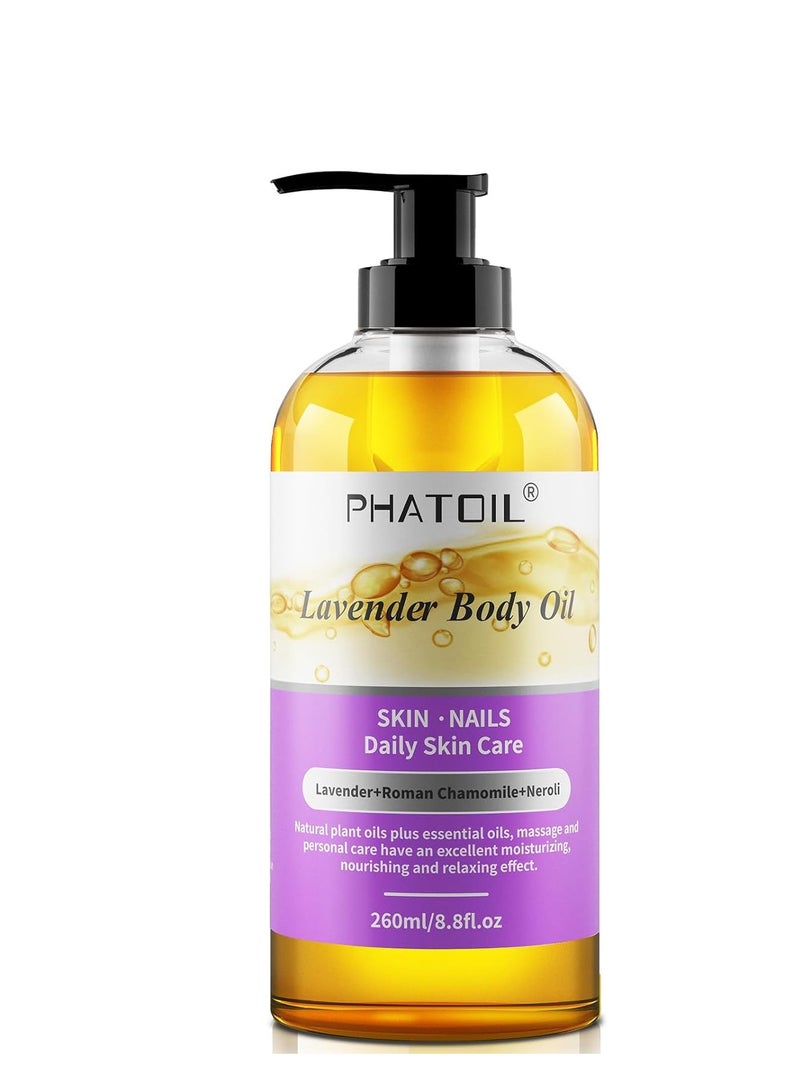 PHATOIL Lavender Body Oil with Pump, 260 ml (8.8 fl.oz) Premium Quality Massage Oil, Versatile Skin Care Hair Care, Blends of Natural Plant Oils and Essential Oils, Body Oils for Women and Men - Image 1