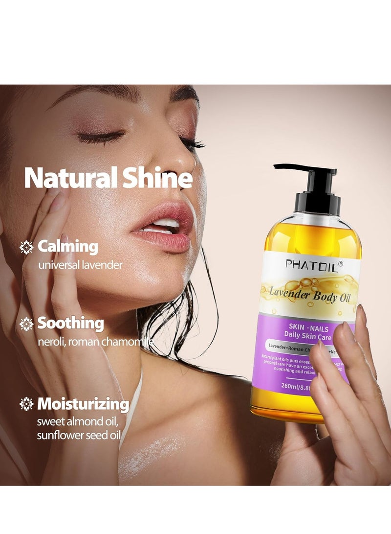 PHATOIL Lavender Body Oil with Pump, 260 ml (8.8 fl.oz) Premium Quality Massage Oil, Versatile Skin Care Hair Care, Blends of Natural Plant Oils and Essential Oils, Body Oils for Women and Men - Image 2
