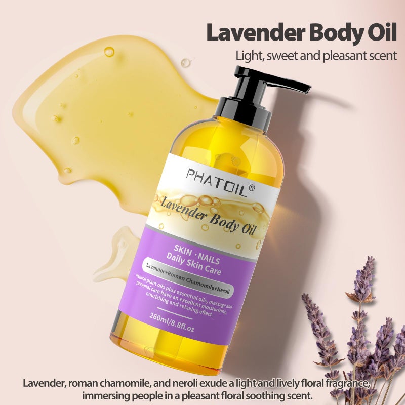 PHATOIL Lavender Body Oil with Pump, 260 ml (8.8 fl.oz) Premium Quality Massage Oil, Versatile Skin Care Hair Care, Blends of Natural Plant Oils and Essential Oils, Body Oils for Women and Men - Image 2
