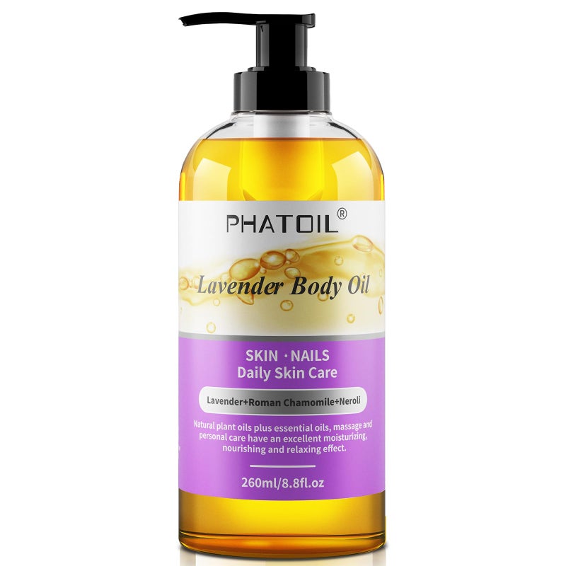 PHATOIL Lavender Body Oil with Pump, 260 ml (8.8 fl.oz) Premium Quality Massage Oil, Versatile Skin Care Hair Care, Blends of Natural Plant Oils and Essential Oils, Body Oils for Women and Men - Image 1