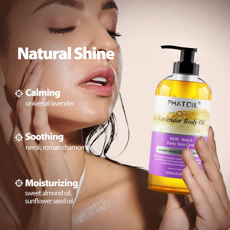 PHATOIL Lavender Body Oil with Pump, 260 ml (8.8 fl.oz) Premium Quality Massage Oil, Versatile Skin Care Hair Care, Blends of Natural Plant Oils and Essential Oils, Body Oils for Women and Men - Image 3