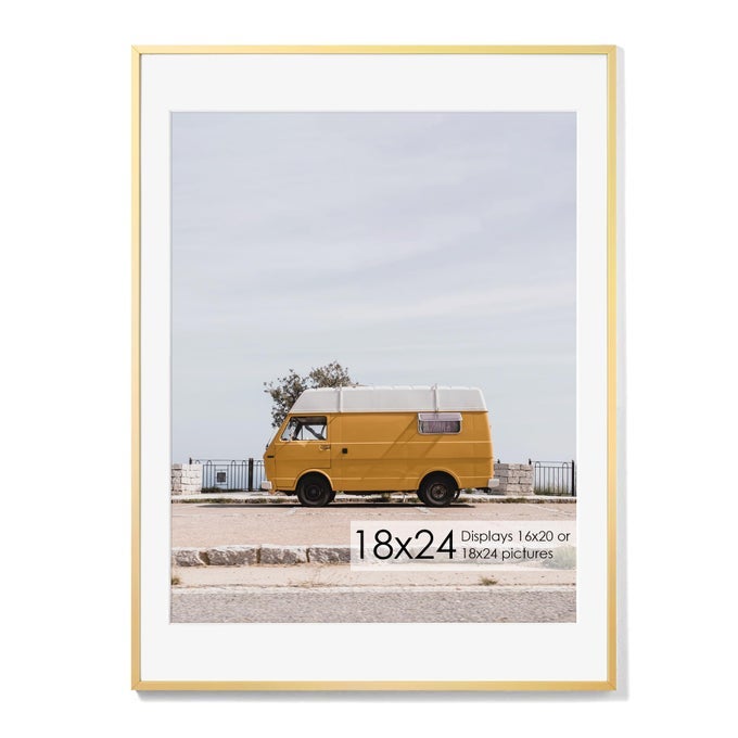 18X24 ALUMINUM POSTER FRAME 18 X 24 INCH METAL PICTURE FRAMES WITH REAL GLASS FRONT DISPLAYS 16X20 PHOTOS WITH MAT OR 18X24 IMAGES WITHOUT MAT GOLD SET OF 1