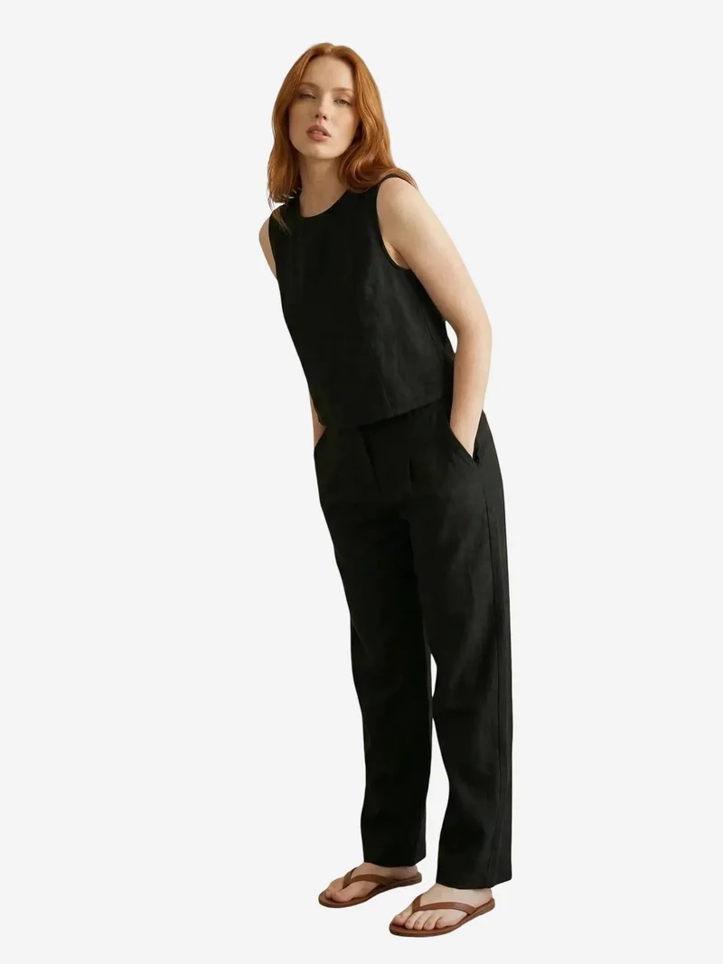 MY FASHION MY FASHION Linen Blend Blouse & Pants Co-Ord Set with Pocket