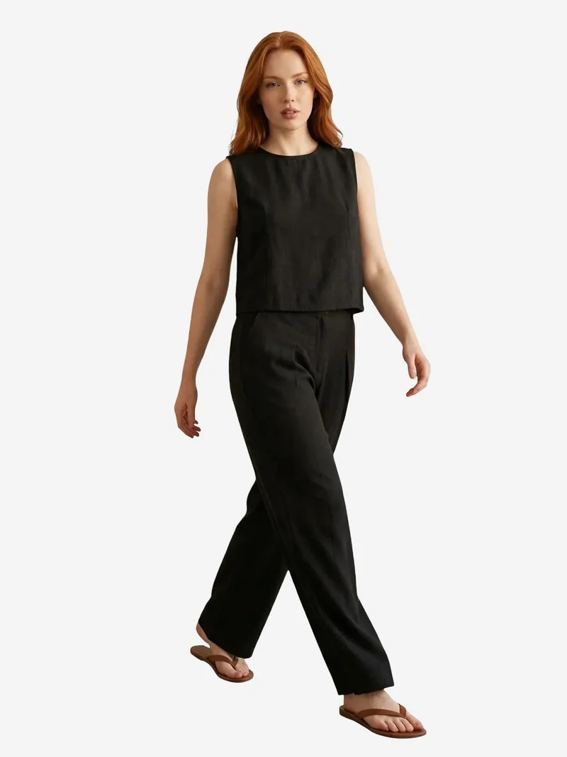 MY FASHION MY FASHION Linen Blend Blouse & Pants Co-Ord Set with Pocket