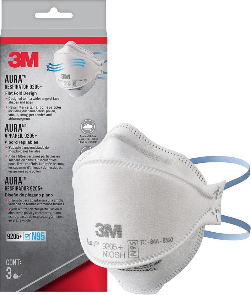 3M Aura Particulate Respirator 9205+ N95, Lightweight, 3 Panel Designed Helps Provide Comfortable and Convenient Respiratory Protection, 3-Pack - Image 1