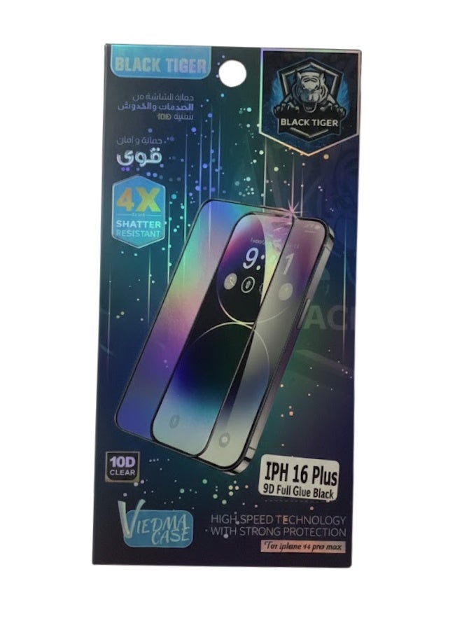 Black Tiger 9D Full Glue Black Tempered Glass Screen Protector for iPhone 16 Plus with 4X Shatter Resistance and Strong Protection