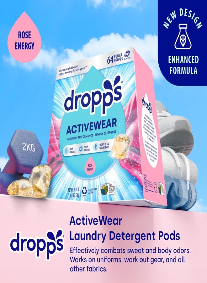 Dropps Activewear Laundry Detergent Pods, Rose Energy (64 Count) - Biobased Power Laundry Pods Fights Tough Stains & Odors, Sweat & Dirt - HE Compatible Laundry Supplies for Clean Sport Clothes - Image 2