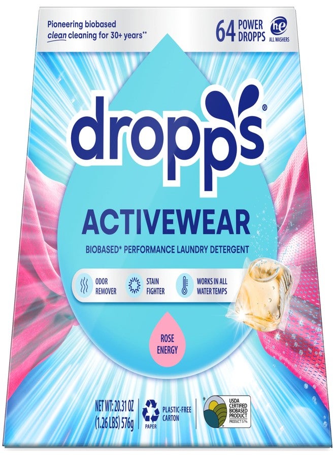 Dropps Activewear Laundry Detergent Pods, Rose Energy (64 Count) - Biobased Power Laundry Pods Fights Tough Stains & Odors, Sweat & Dirt - HE Compatible Laundry Supplies for Clean Sport Clothes - Image 1