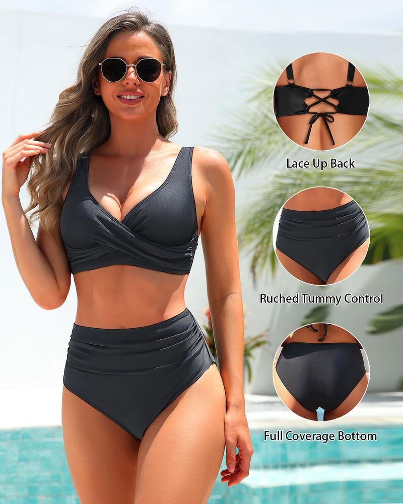 Yonique Women's Two Piece High Waisted Bikini Set Tummy Control Swimsuit Full Coverage Bathing Suit Black L - Image 3