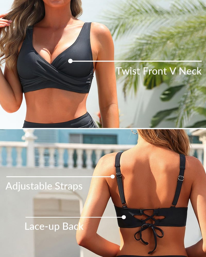 Yonique Women's Two Piece High Waisted Bikini Set Tummy Control Swimsuit Full Coverage Bathing Suit Black L - Image 4