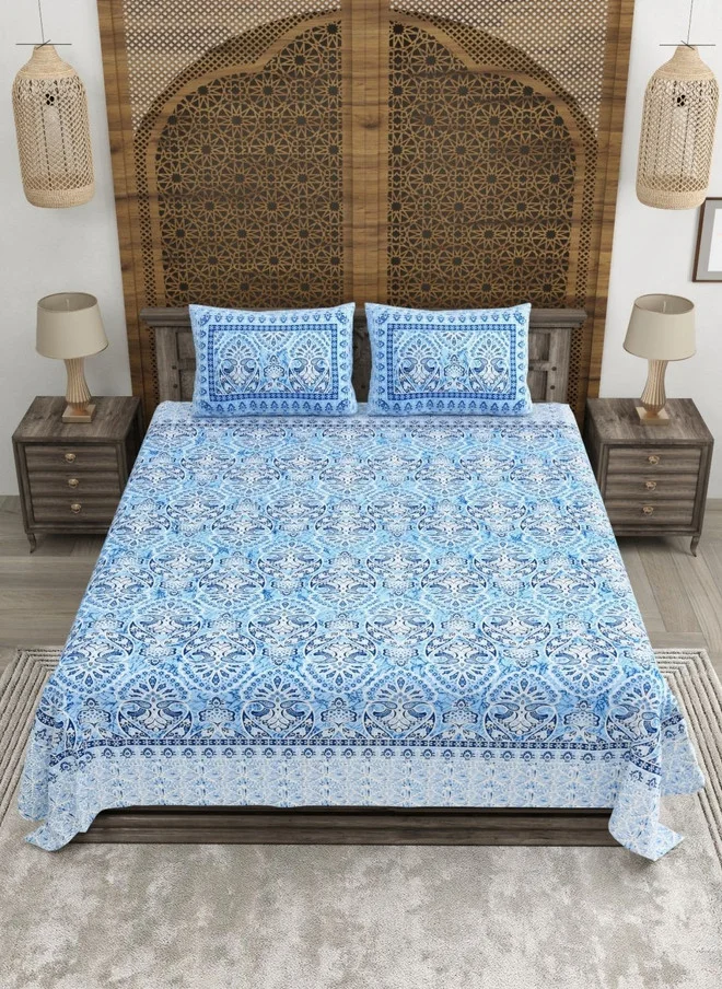 CLOTHOLOGY CLOTHOLOGY Blue & White Printed Pure Cotton 180 TC King Bedsheet Set