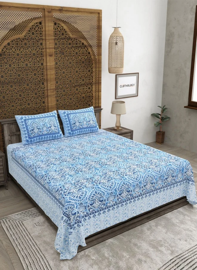 CLOTHOLOGY CLOTHOLOGY Blue & White Printed Pure Cotton 180 TC King Bedsheet Set