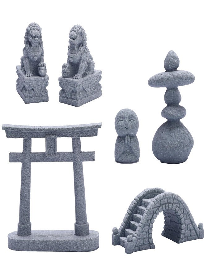 Sdeetesamjun 6 PCS Mini Zen Garden Accessories, Miniature Garden Bridge Foo Dogs Torii Gate Sandstone Figurines Meditation Zen Decor Japanese Fish Tank Terrarium Decorations Plant Pots Bonsai Craft Decor (M) - Image 1