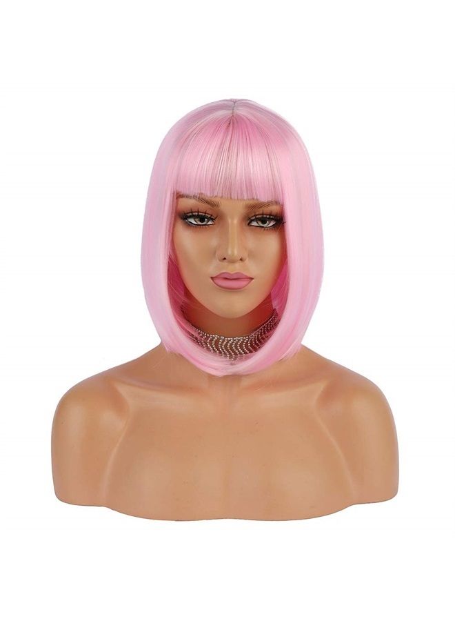 eNilecor Short Bob Hair Wigs 12" Straight with Flat Bangs Synthetic Colorful Cosplay Daily Party Wig for Women Natural As Real Hair+ Free Wig Cap (Light Pink) - Image 3