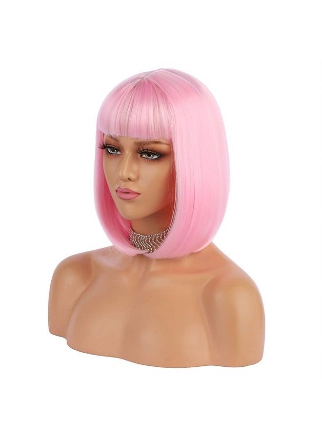 eNilecor Short Bob Hair Wigs 12" Straight with Flat Bangs Synthetic Colorful Cosplay Daily Party Wig for Women Natural As Real Hair+ Free Wig Cap (Light Pink) - Image 1