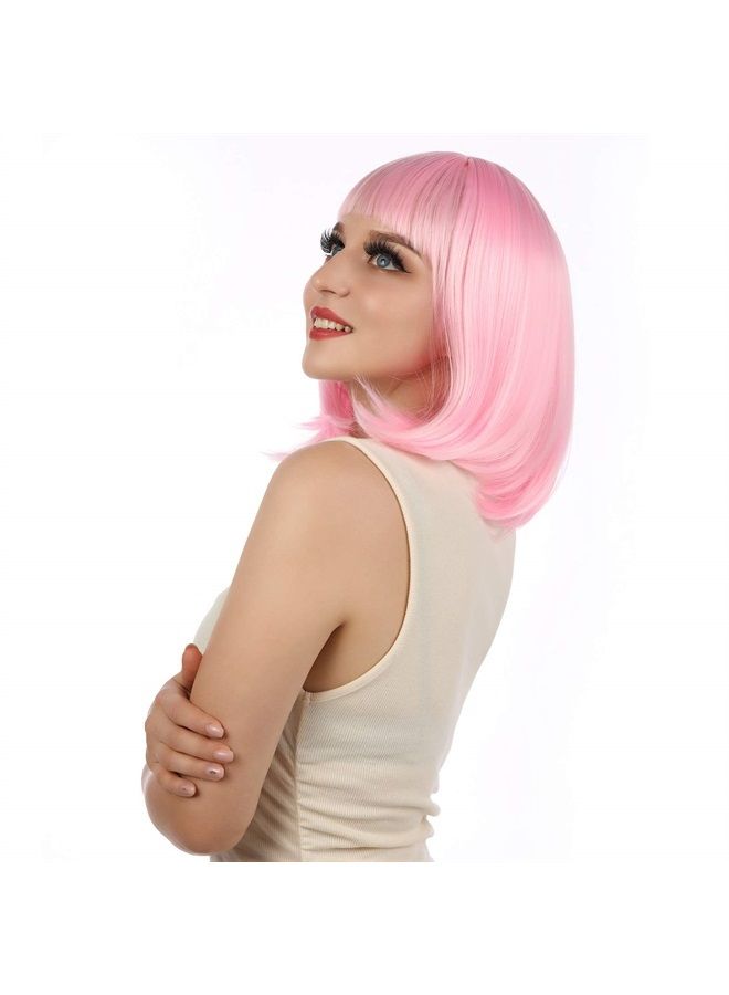 eNilecor Short Bob Hair Wigs 12" Straight with Flat Bangs Synthetic Colorful Cosplay Daily Party Wig for Women Natural As Real Hair+ Free Wig Cap (Light Pink) - Image 4