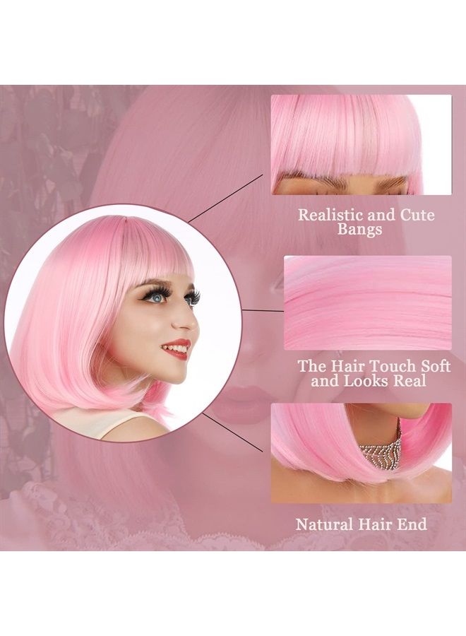 eNilecor Short Bob Hair Wigs 12" Straight with Flat Bangs Synthetic Colorful Cosplay Daily Party Wig for Women Natural As Real Hair+ Free Wig Cap (Light Pink) - Image 5