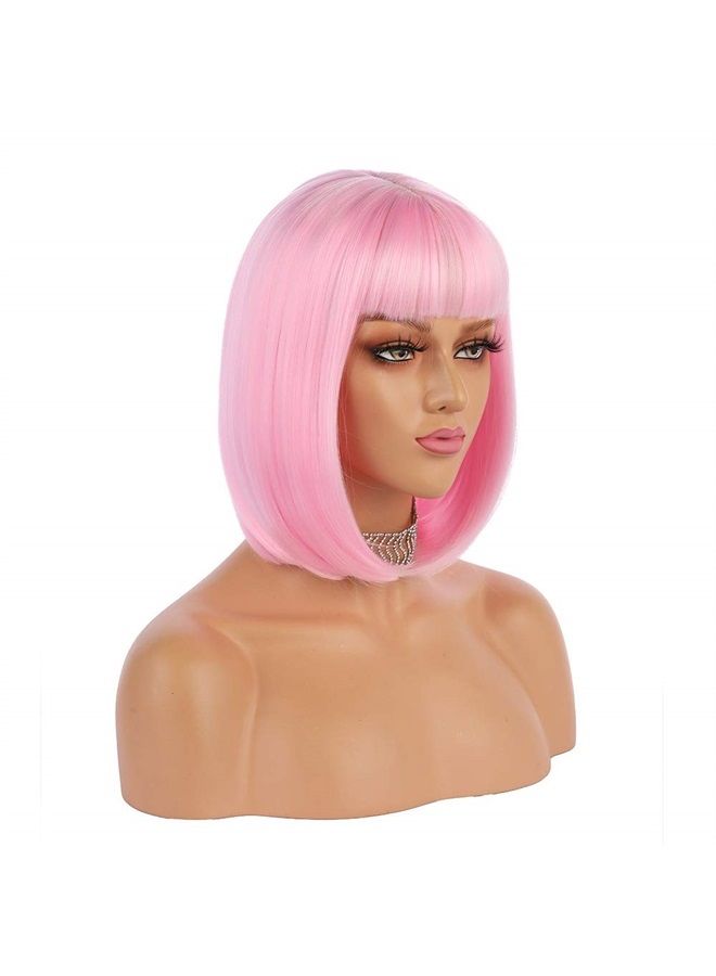 eNilecor Short Bob Hair Wigs 12" Straight with Flat Bangs Synthetic Colorful Cosplay Daily Party Wig for Women Natural As Real Hair+ Free Wig Cap (Light Pink) - Image 2