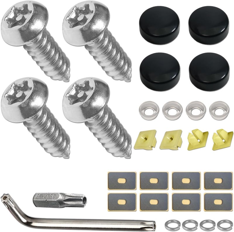 Aootf Stainless Steel License Plate Screws - 30PC Star Anti Theft Screw Torx Head Security Tamper Resistant Self Tapping License Plate Bolt License Plate Frame Fastener, Black Caps, Anti-Rattle Pad - Image 1