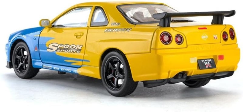 Mashes ماكينة 1.32 مقياس نيسان GT-R R34 موديل سيارة مصبوبة بالقالب لعبة مع حركة سحب للخلف، أبواب قابلة للفتح، هيكل من الألومنيوم وتفاصيل دقيقة | لعبة رياضية للأطفال وهواة الجمع | هدية سيارة سباق فاخرة - Image 3