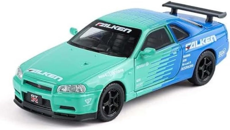 Mashes ماكينة 1.32 مقياس نيسان GT-R R34 موديل سيارة مصبوبة بالقالب لعبة مع حركة سحب للخلف، أبواب قابلة للفتح، هيكل من الألومنيوم وتفاصيل دقيقة | لعبة رياضية للأطفال وهواة الجمع | هدية سيارة سباق فاخرة - Image 4