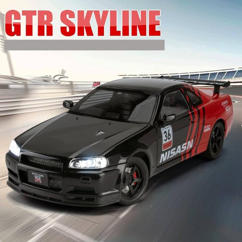 Mashes ماكينة 1.32 مقياس نيسان GT-R R34 موديل سيارة مصبوبة بالقالب لعبة مع حركة سحب للخلف، أبواب قابلة للفتح، هيكل من الألومنيوم وتفاصيل دقيقة | لعبة رياضية للأطفال وهواة الجمع | هدية سيارة سباق فاخرة - Image 2