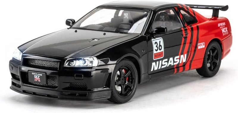 Mashes ماكينة 1.32 مقياس نيسان GT-R R34 موديل سيارة مصبوبة بالقالب لعبة مع حركة سحب للخلف، أبواب قابلة للفتح، هيكل من الألومنيوم وتفاصيل دقيقة | لعبة رياضية للأطفال وهواة الجمع | هدية سيارة سباق فاخرة - Image 1
