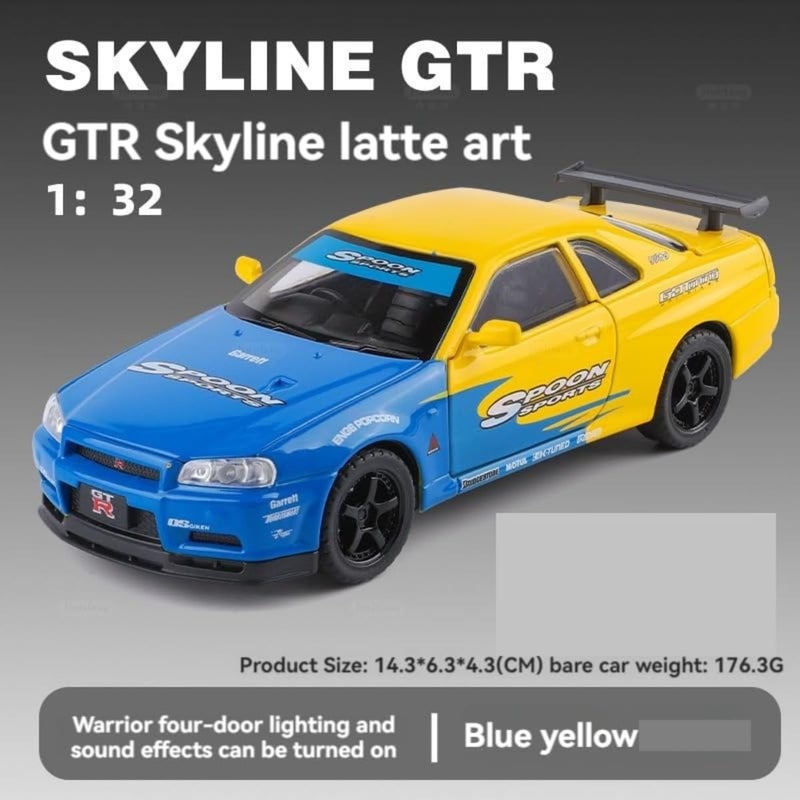 Mashes ماكينة 1.32 مقياس نيسان GT-R R34 موديل سيارة مصبوبة بالقالب لعبة مع حركة سحب للخلف، أبواب قابلة للفتح، هيكل من الألومنيوم وتفاصيل دقيقة | لعبة رياضية للأطفال وهواة الجمع | هدية سيارة سباق فاخرة - Image 5
