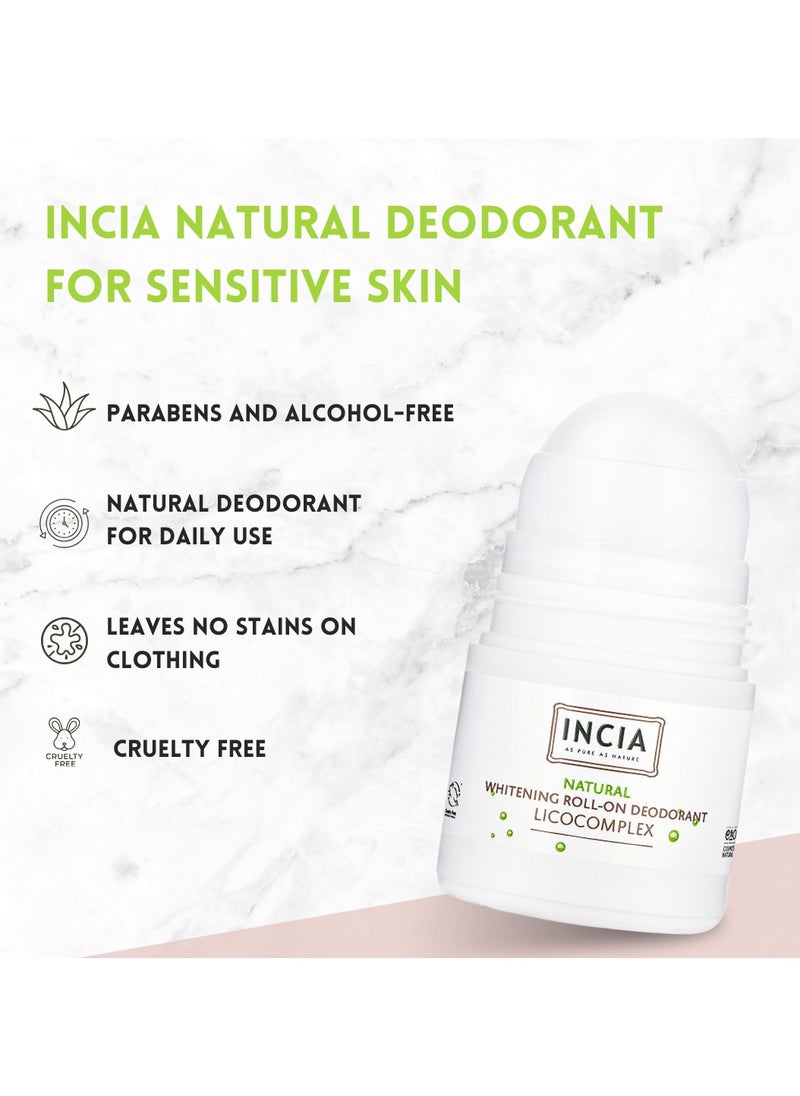INCIA - Natural Whitening Roll-On Deodorant Special Licocomplex 100% Natural, Aloe Vera & Alum, Gentle on Skin, Antibacterial, Non-Sticky, Long-Lasting Freshness, Prevents Body Odor & Dark Under arms - 50 ml - Image 1