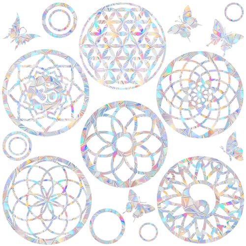 AREAWA 6 Big Mandala Window Decals for Bird Strikes - Anti-Collision Clings to Save Birds,Non Adhesive Vinyl Rainbow Suncatch Stickers, Easy Remove No Residue and Reusable - Image 1