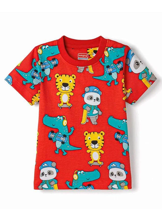 Babyhug Babyhug Cotton Knit Half Sleeves T-Shirt & Pyjama Co-ord Night Suit With Animal Print - Red