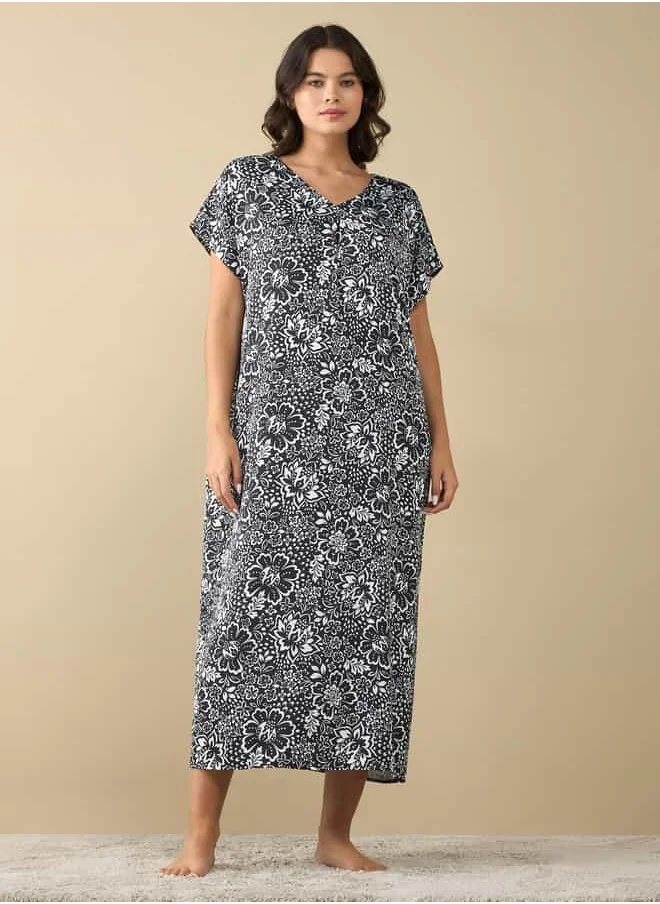 FAV All-Over Floral Print Night Gown with Short Sleeves