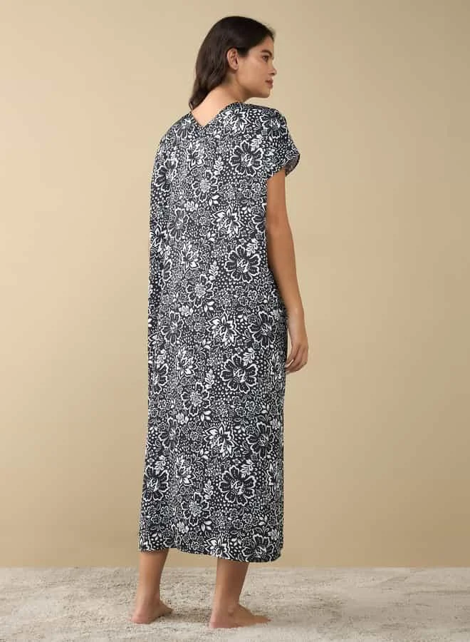 Splash FAV All-Over Floral Print Night Gown with Short Sleeves