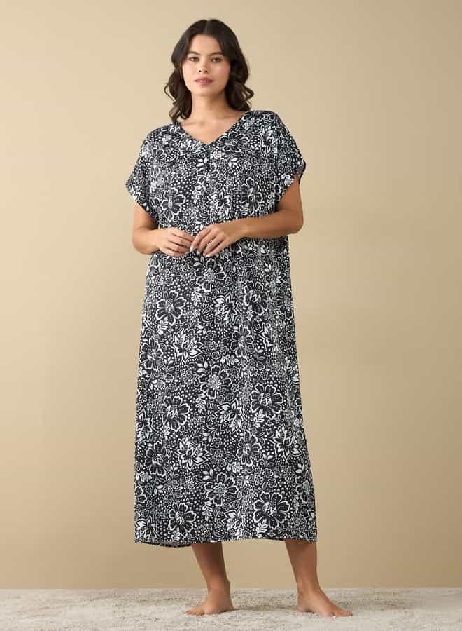 Splash FAV All-Over Floral Print Night Gown with Short Sleeves - Image 2