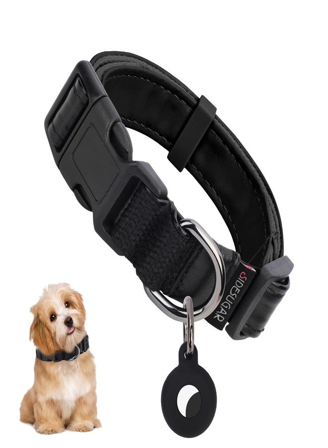 SIDESUGAR PU Leather Dog Collar with Airtag Holder Accessories Adjustable Soft Dog Collars for Small Dogs Lightweight Breathable Puppy Collar Quick Release Buckle Pet Collar Black S - Image 1