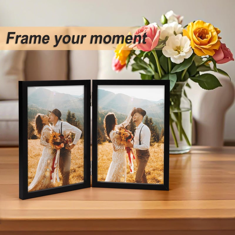 Aevete 4X6 Picture Frames Double Hinged Wood Folding Photo Frames Vertical With Plexiglass Front  Black - Image 3