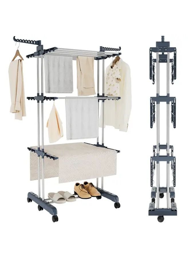 4 Tier Gray Stainless Steel Folding Clothes Rack 6 Wheel Mobile Heavy Duty Drying - Image 1