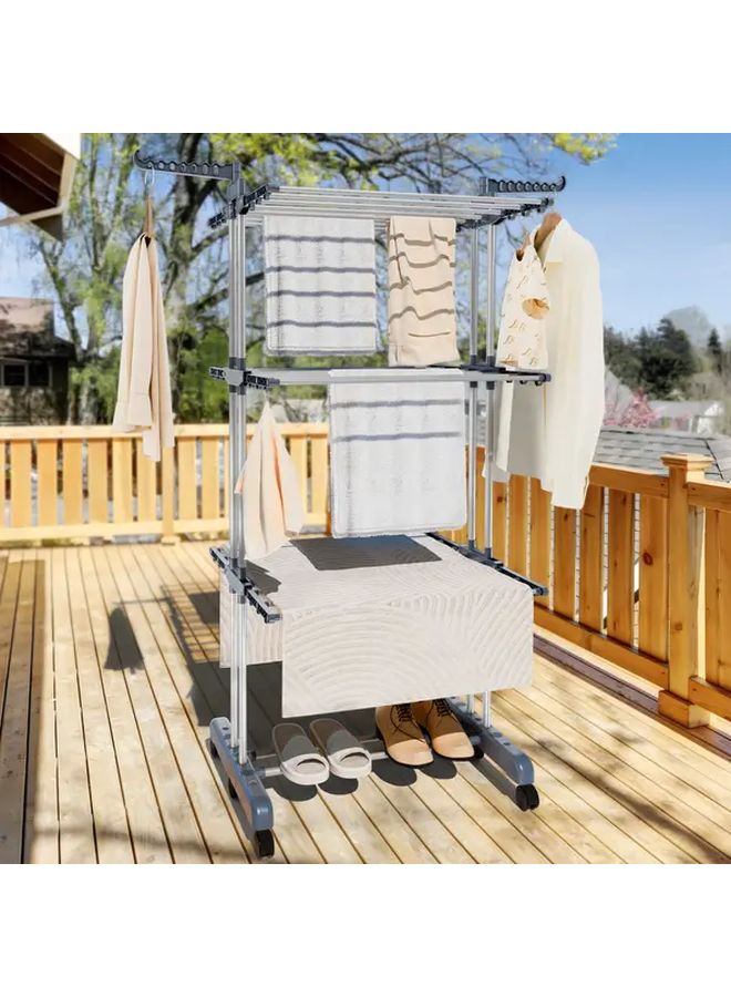 4 Tier Gray Stainless Steel Folding Clothes Rack 6 Wheel Mobile Heavy Duty Drying - Image 4