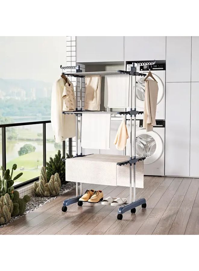 4 Tier Gray Stainless Steel Folding Clothes Rack 6 Wheel Mobile Heavy Duty Drying - Image 3