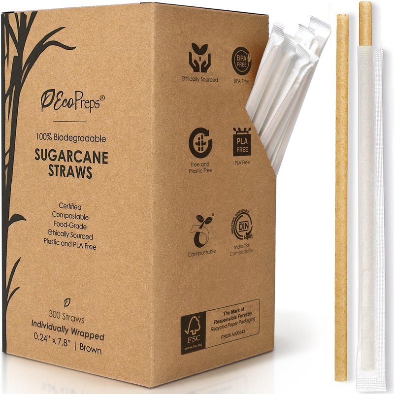 EcoPreps Biodegradable Sugarcane Straws Compostable Individually Wrapped Straws  300 Count 100 PlasticFree EcoFriendly Drinking Straw  78 Sugar Fiber Disposable Straw Packed in Paper Wrap