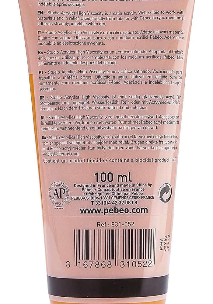 Pebeo Studio Acrylics - Dark Cadmium Yellow Hue - 100ml High Viscosity Acrylic Paint - Image 2