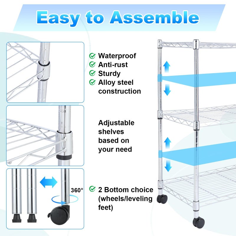Whitmor 3 Tier Storage Shelves, Heavy Duty with Wheels, 400 lbs Capacity per Shelf, Max 1200 lbs Total, Adjustable Shelving Unit for Garage, Kitchen, Bathroom, 24" L x 14" W x 30.5" H, Chrome - Image 4
