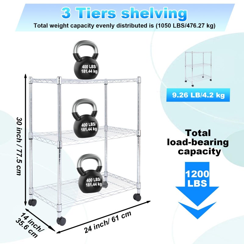 Whitmor 3 Tier Storage Shelves, Heavy Duty with Wheels, 400 lbs Capacity per Shelf, Max 1200 lbs Total, Adjustable Shelving Unit for Garage, Kitchen, Bathroom, 24" L x 14" W x 30.5" H, Chrome - Image 3