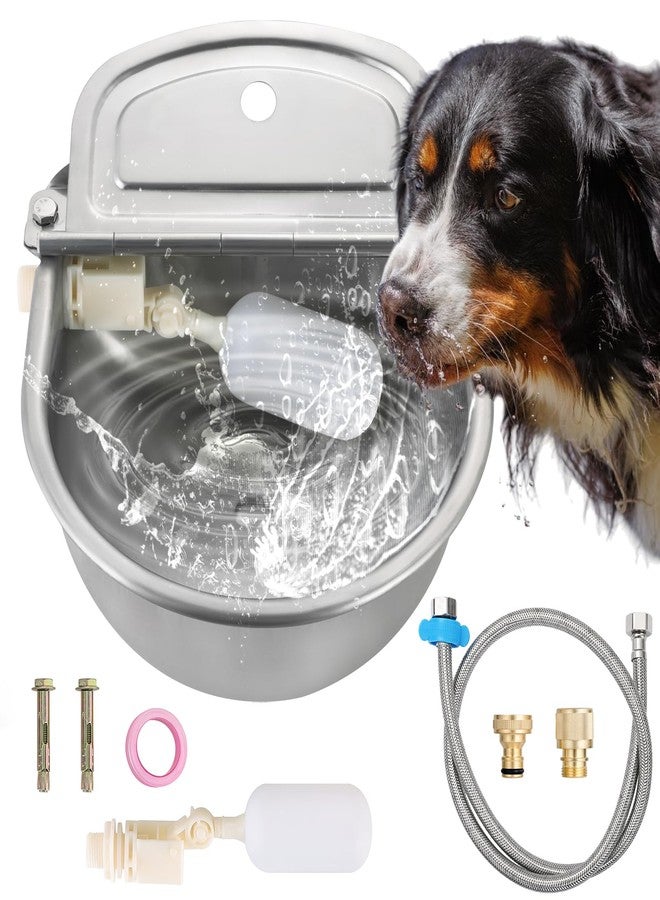AMGSH Automatic Animal Drinking Water Bowl, 304 Stainless Steel Waterer with Float Valves, 39" Pipe Hose (1/2" Ends), 1/2" to 3/4" Adapter, Livestock Water Trough Dispenser for Dog Horse Goat Pig Cow - Image 1