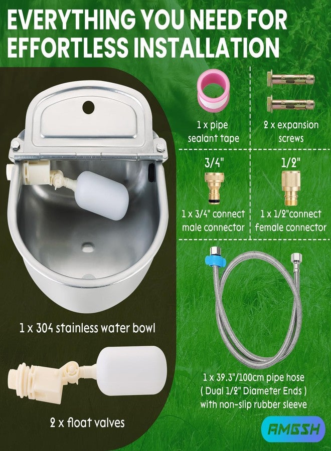 AMGSH Automatic Animal Drinking Water Bowl, 304 Stainless Steel Waterer with Float Valves, 39" Pipe Hose (1/2" Ends), 1/2" to 3/4" Adapter, Livestock Water Trough Dispenser for Dog Horse Goat Pig Cow - Image 2